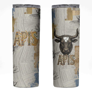 Apis Ancient Egyptian Skinny Tumbler with Beige-Gray Hieroglyphic, Ornate Bull Head, and Gold-Blue Typography - African Pride