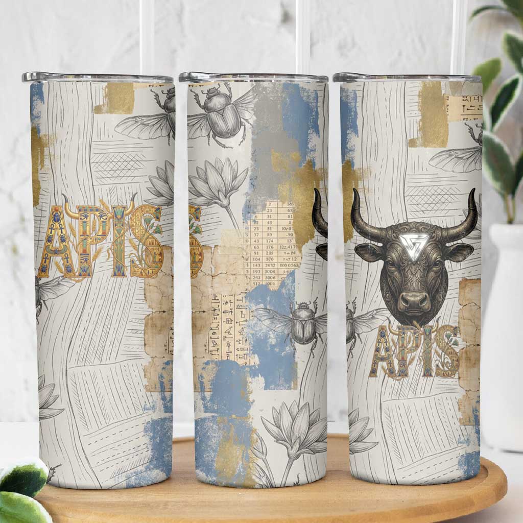 Apis Ancient Egyptian Skinny Tumbler with Beige-Gray Hieroglyphic, Ornate Bull Head, and Gold-Blue Typography - African Pride