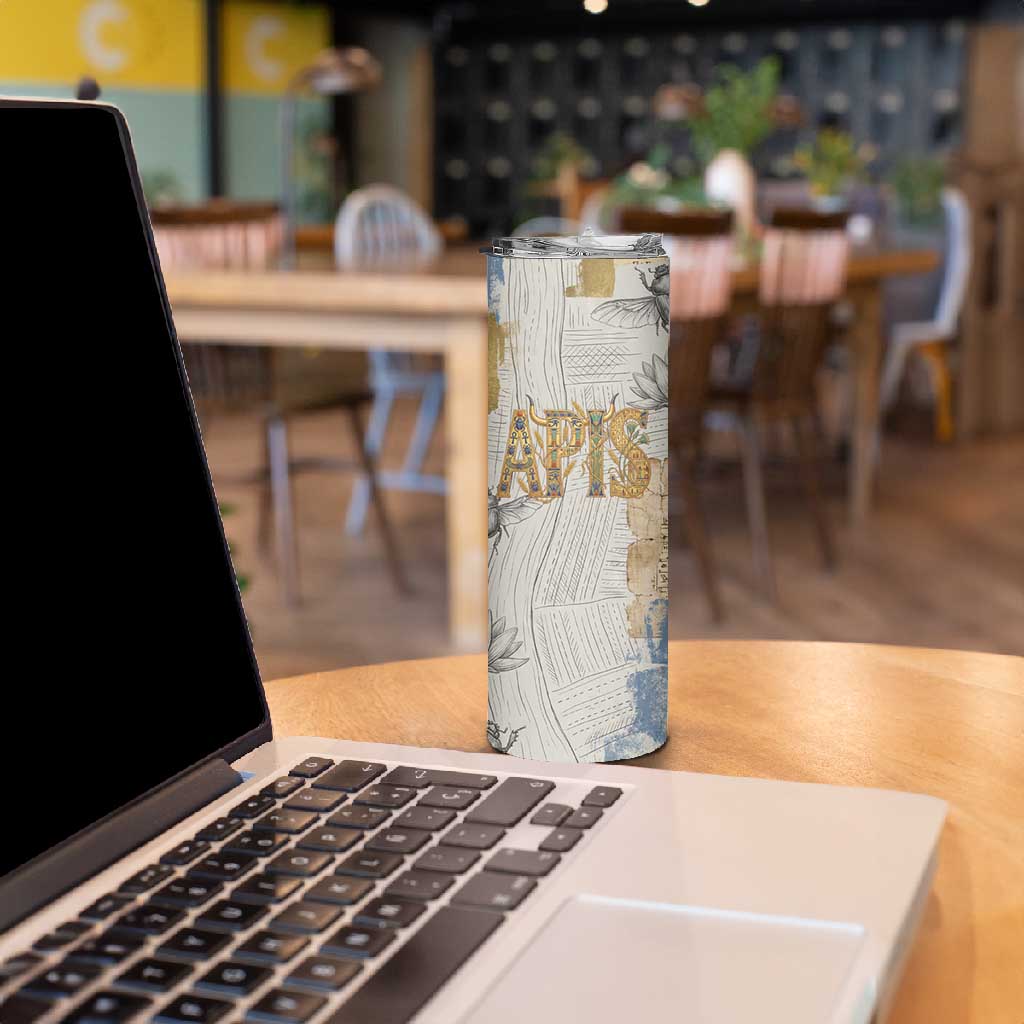 Apis Ancient Egyptian Skinny Tumbler with Beige-Gray Hieroglyphic, Ornate Bull Head, and Gold-Blue Typography - African Pride