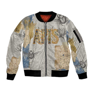 Apis Ancient Egyptian Sleeve Zip Bomber Jacket with Beige-Gray Hieroglyphic, Ornate Bull Head, and Gold-Blue Typography - African Pride