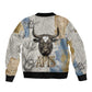 Apis Ancient Egyptian Sleeve Zip Bomber Jacket with Beige-Gray Hieroglyphic, Ornate Bull Head, and Gold-Blue Typography - African Pride