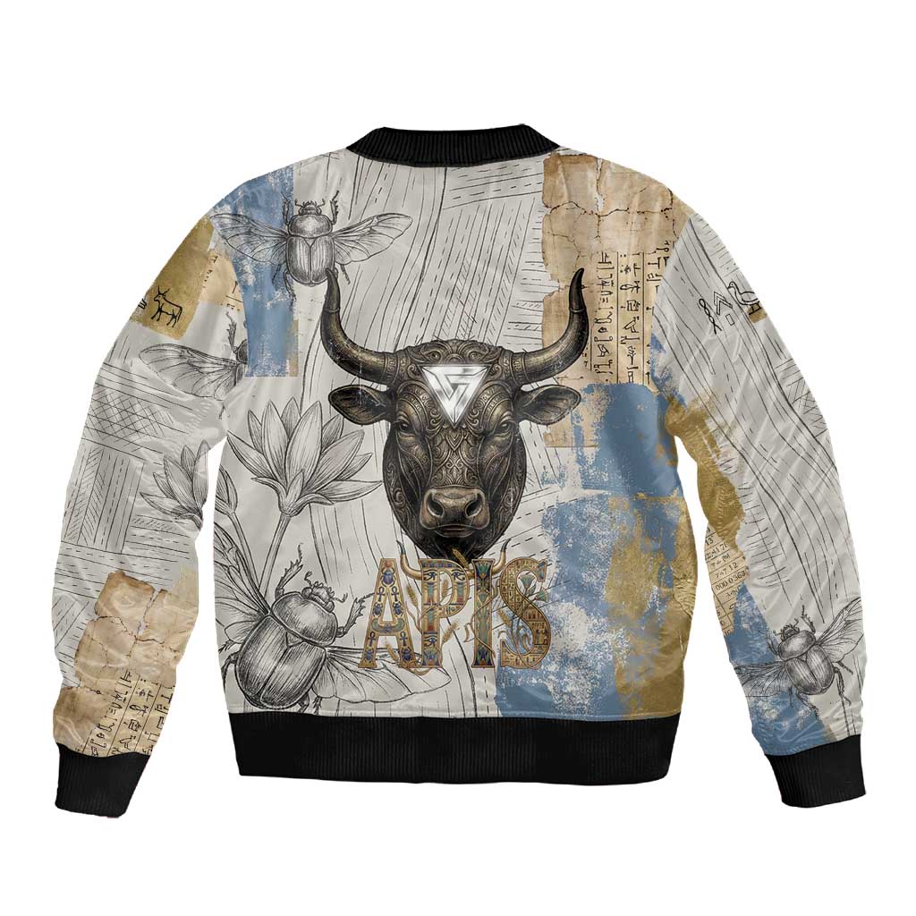 Apis Ancient Egyptian Sleeve Zip Bomber Jacket with Beige-Gray Hieroglyphic, Ornate Bull Head, and Gold-Blue Typography - African Pride