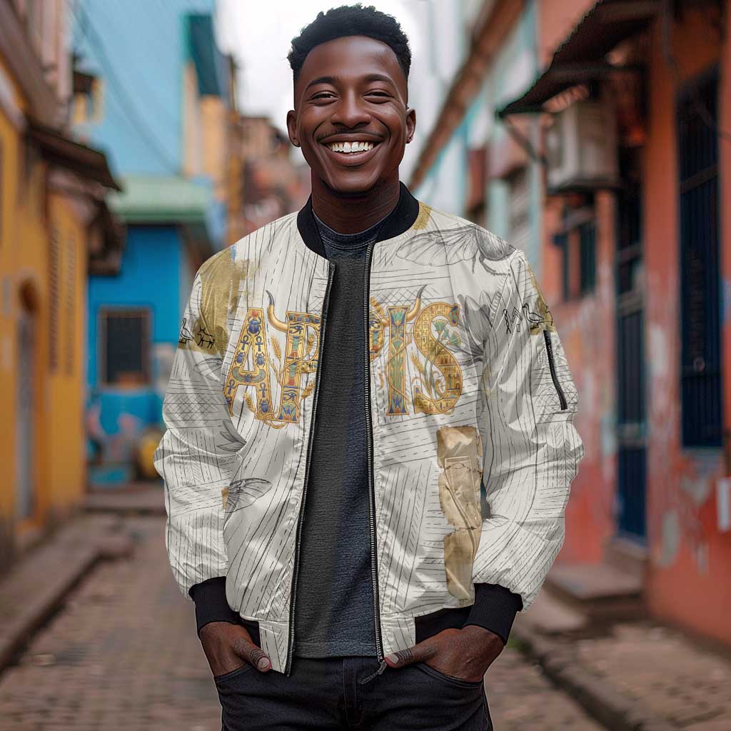 Apis Ancient Egyptian Sleeve Zip Bomber Jacket with Beige-Gray Hieroglyphic, Ornate Bull Head, and Gold-Blue Typography - African Pride