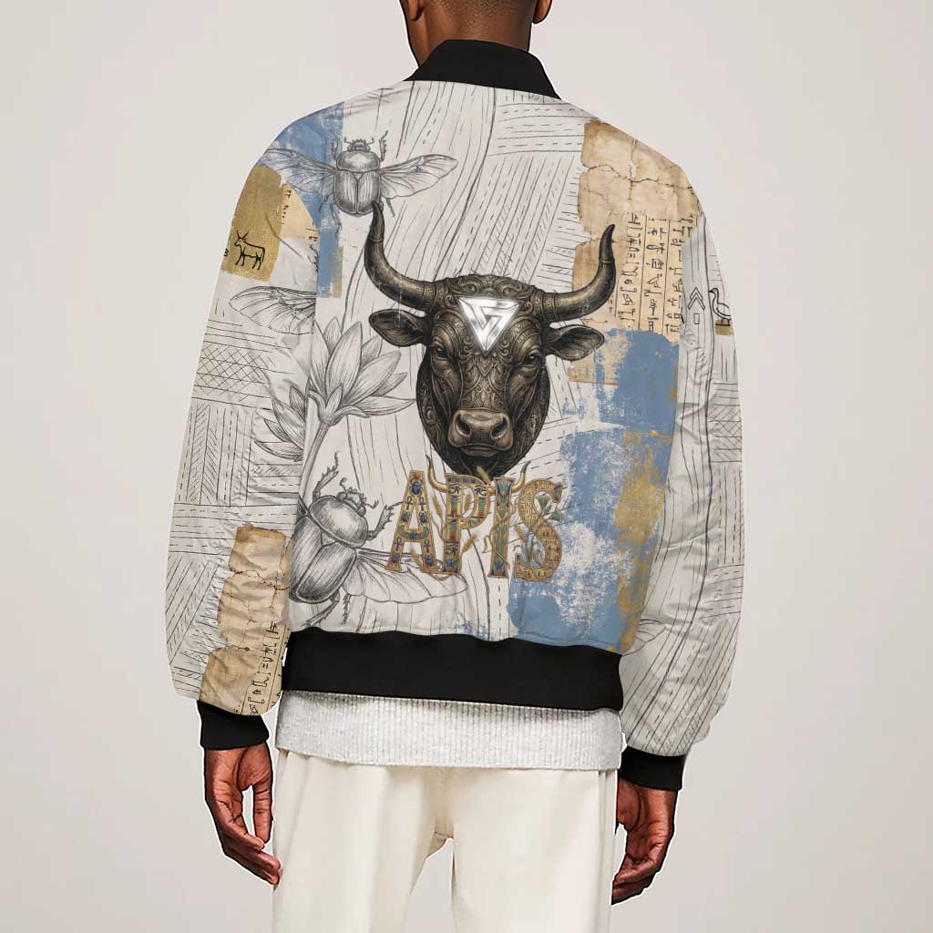 Apis Ancient Egyptian Sleeve Zip Bomber Jacket with Beige-Gray Hieroglyphic, Ornate Bull Head, and Gold-Blue Typography - African Pride