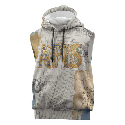 Apis Ancient Egyptian Sleeveless Hoodie with Beige-Gray Hieroglyphic, Ornate Bull Head, and Gold-Blue Typography - African Pride