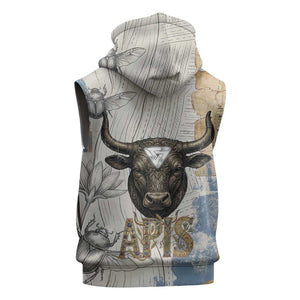 Apis Ancient Egyptian Sleeveless Hoodie with Beige-Gray Hieroglyphic, Ornate Bull Head, and Gold-Blue Typography - African Pride