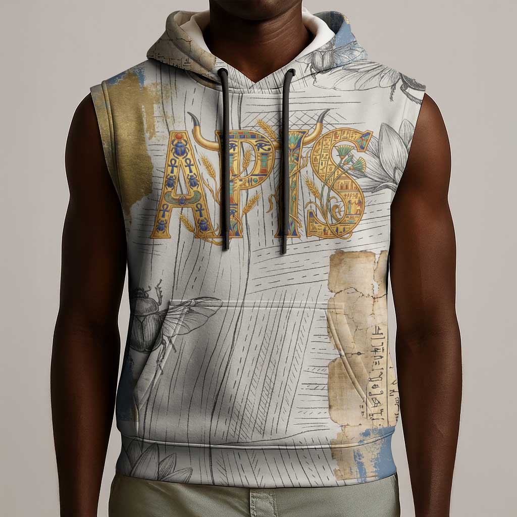 Apis Ancient Egyptian Sleeveless Hoodie with Beige-Gray Hieroglyphic, Ornate Bull Head, and Gold-Blue Typography - African Pride