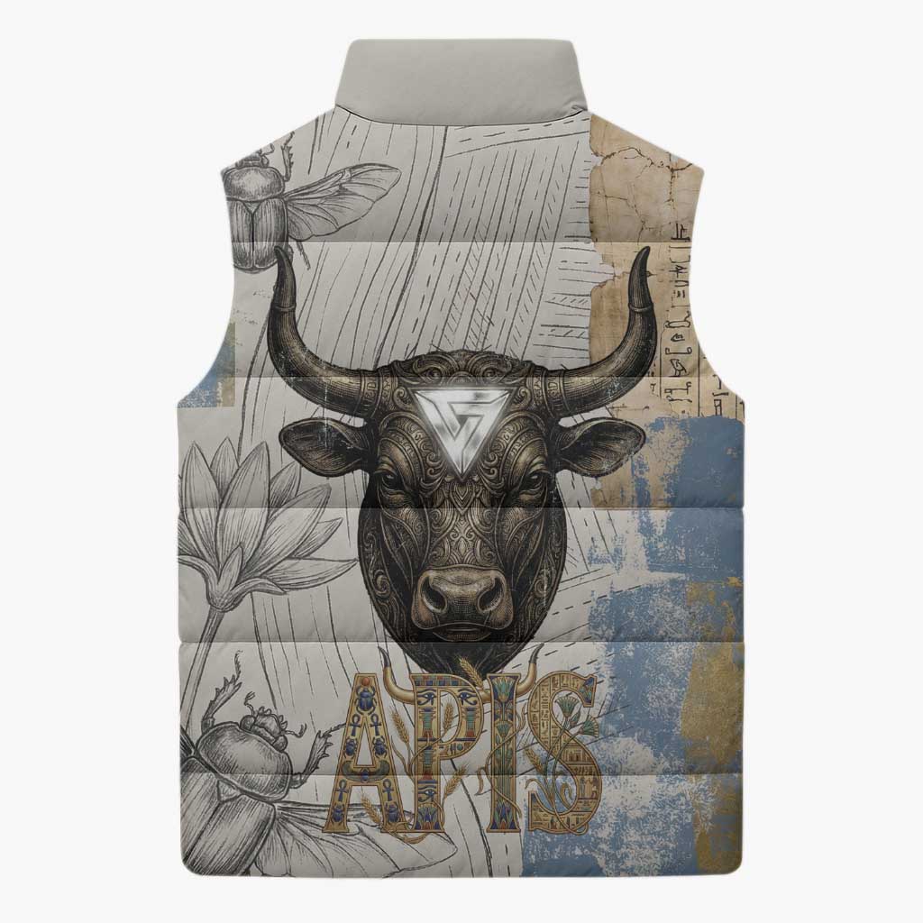 Apis Ancient Egyptian Sleeveless Puffer Jacket with Beige-Gray Hieroglyphic, Ornate Bull Head, and Gold-Blue Typography - African Pride