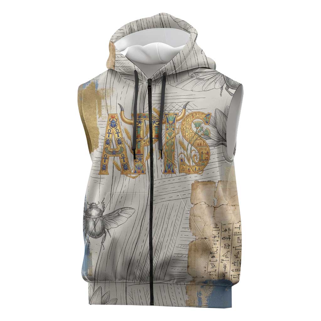 Apis Ancient Egyptian Sleeveless Zip Hoodie with Beige-Gray Hieroglyphic, Ornate Bull Head, and Gold-Blue Typography - African Pride