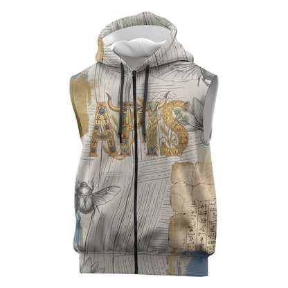 Apis Ancient Egyptian Sleeveless Zip Hoodie with Beige-Gray Hieroglyphic, Ornate Bull Head, and Gold-Blue Typography - African Pride