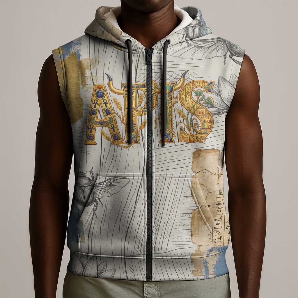 Apis Ancient Egyptian Sleeveless Zip Hoodie with Beige-Gray Hieroglyphic, Ornate Bull Head, and Gold-Blue Typography - African Pride