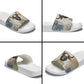 Apis Ancient Egyptian Slide Sandals with Beige-Gray Hieroglyphic, Ornate Bull Head, and Gold-Blue Typography - African Pride