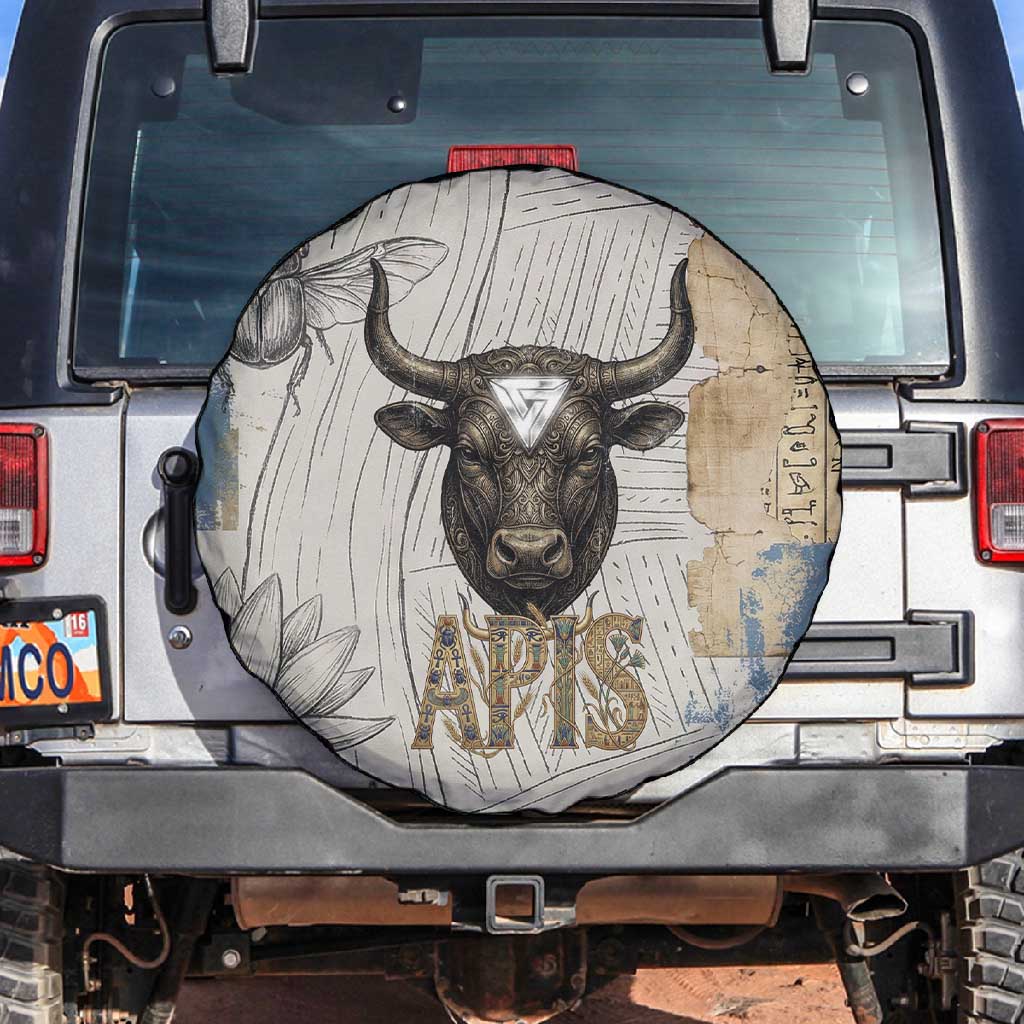 Apis Ancient Egyptian Spare Tire Cover with Beige-Gray Hieroglyphic, Ornate Bull Head, and Gold-Blue Typography - African Pride