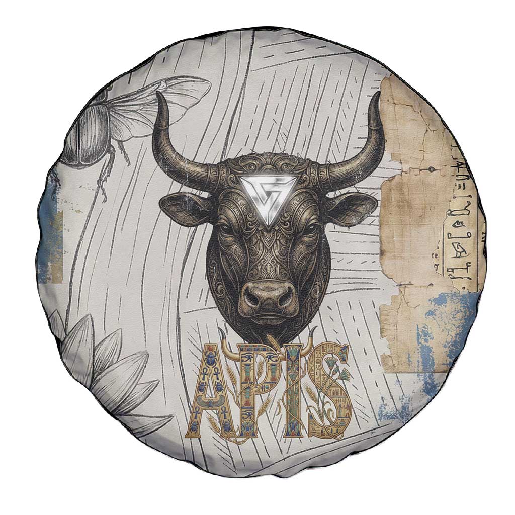 Apis Ancient Egyptian Spare Tire Cover with Beige-Gray Hieroglyphic, Ornate Bull Head, and Gold-Blue Typography - African Pride