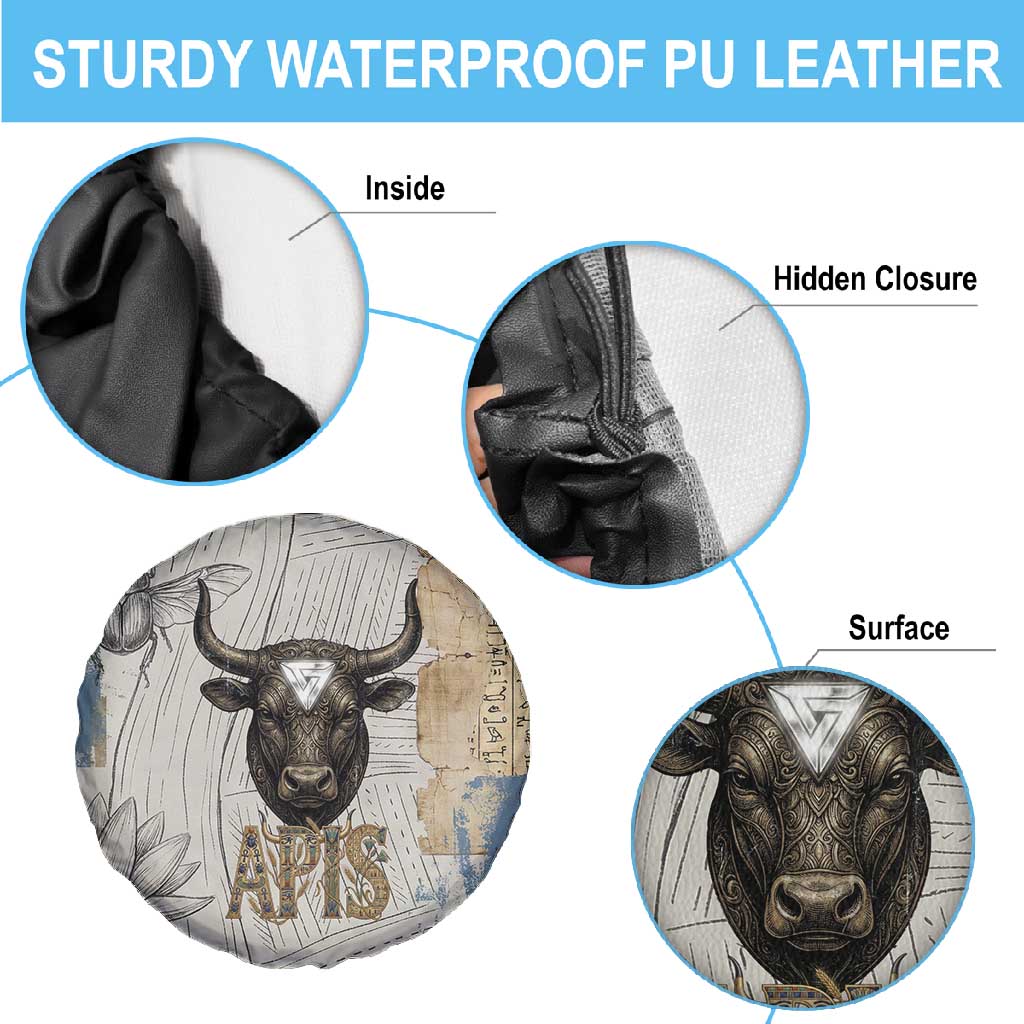 Apis Ancient Egyptian Spare Tire Cover with Beige-Gray Hieroglyphic, Ornate Bull Head, and Gold-Blue Typography - African Pride