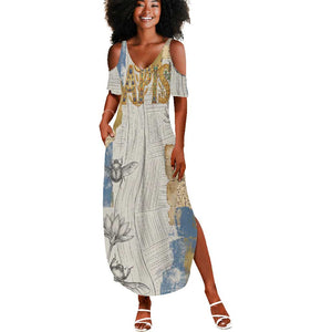 Apis Ancient Egyptian Summer Maxi Dress with Beige-Gray Hieroglyphic, Ornate Bull Head, and Gold-Blue Typography - African Pride