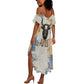 Apis Ancient Egyptian Summer Maxi Dress with Beige-Gray Hieroglyphic, Ornate Bull Head, and Gold-Blue Typography - African Pride