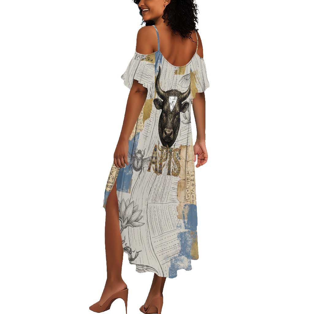 Apis Ancient Egyptian Summer Maxi Dress with Beige-Gray Hieroglyphic, Ornate Bull Head, and Gold-Blue Typography - African Pride
