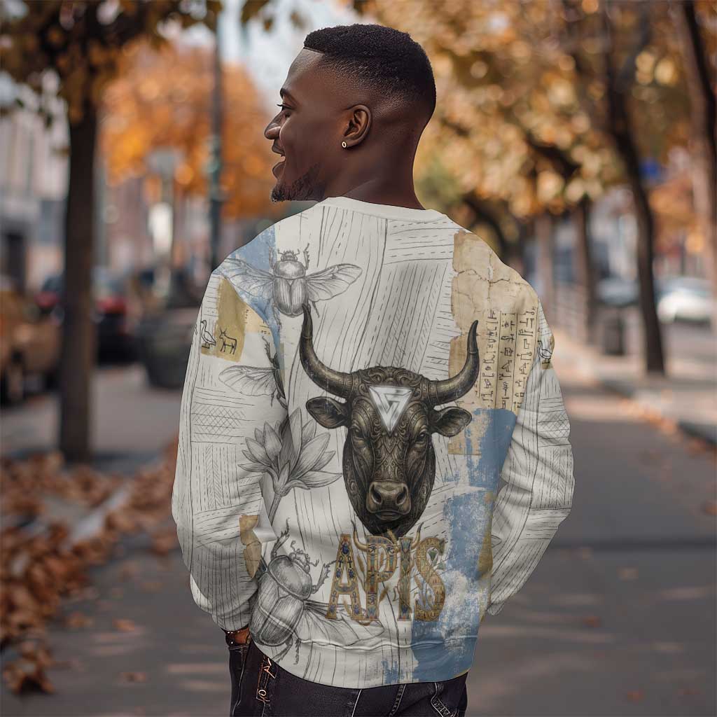 Apis Ancient Egyptian Sweatshirt with Beige-Gray Hieroglyphic, Ornate Bull Head, and Gold-Blue Typography - African Pride