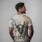 Apis Ancient Egyptian T shirt with Beige-Gray Hieroglyphic, Ornate Bull Head, and Gold-Blue Typography - African Pride
