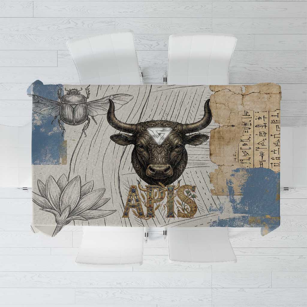 Apis Ancient Egyptian Tablecloth with Beige-Gray Hieroglyphic, Ornate Bull Head, and Gold-Blue Typography - African Pride