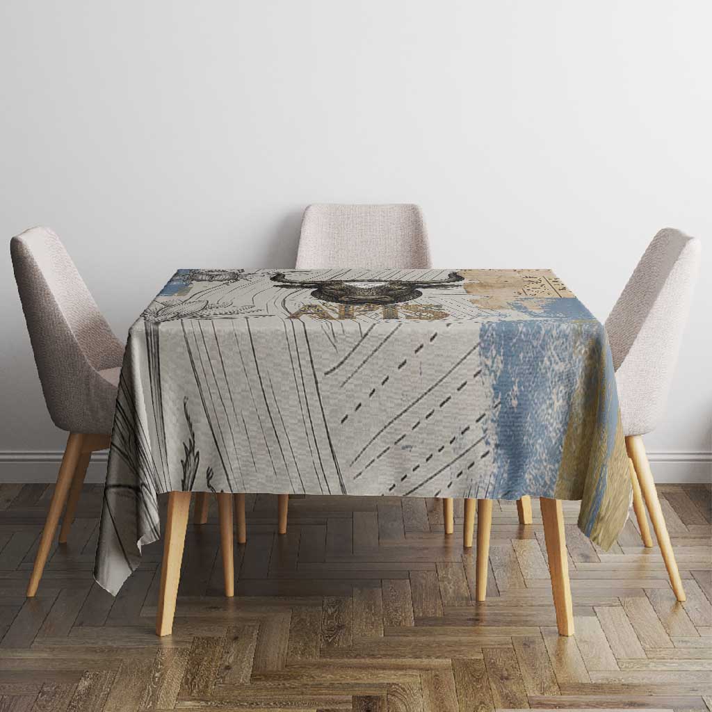 Apis Ancient Egyptian Tablecloth with Beige-Gray Hieroglyphic, Ornate Bull Head, and Gold-Blue Typography - African Pride