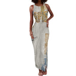 Apis Ancient Egyptian Tank Maxi Dress with Beige-Gray Hieroglyphic, Ornate Bull Head, and Gold-Blue Typography - African Pride
