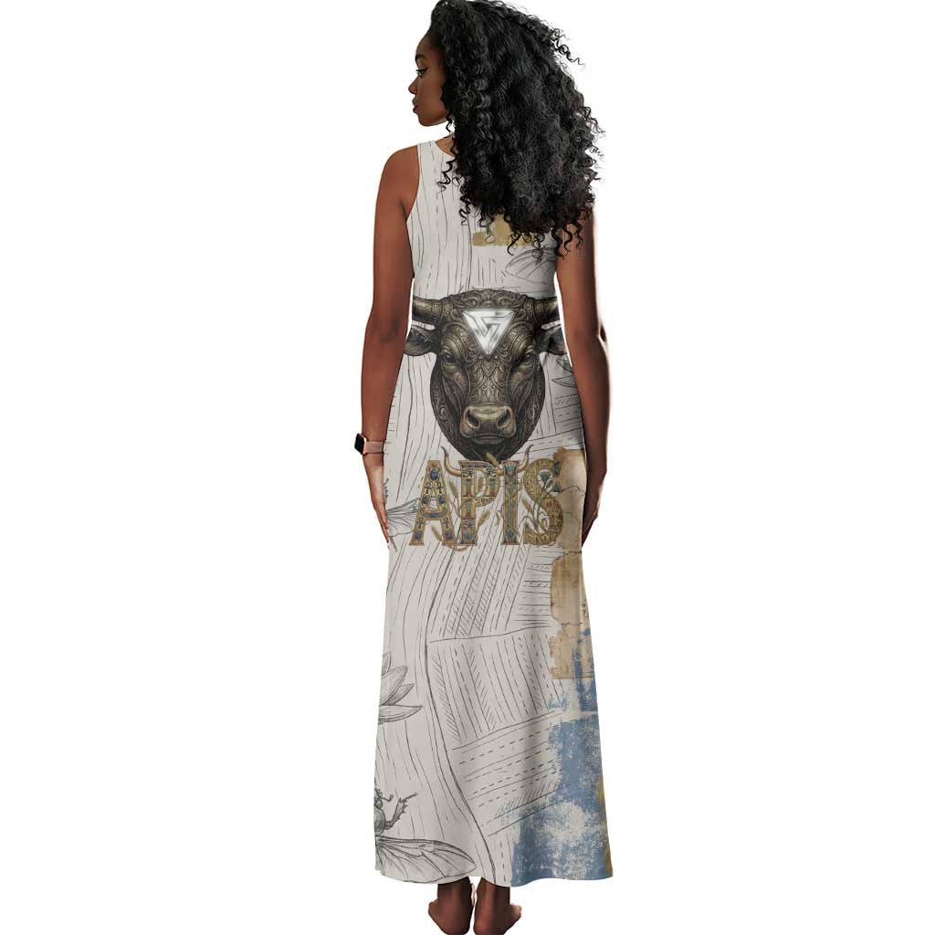 Apis Ancient Egyptian Tank Maxi Dress with Beige-Gray Hieroglyphic, Ornate Bull Head, and Gold-Blue Typography - African Pride