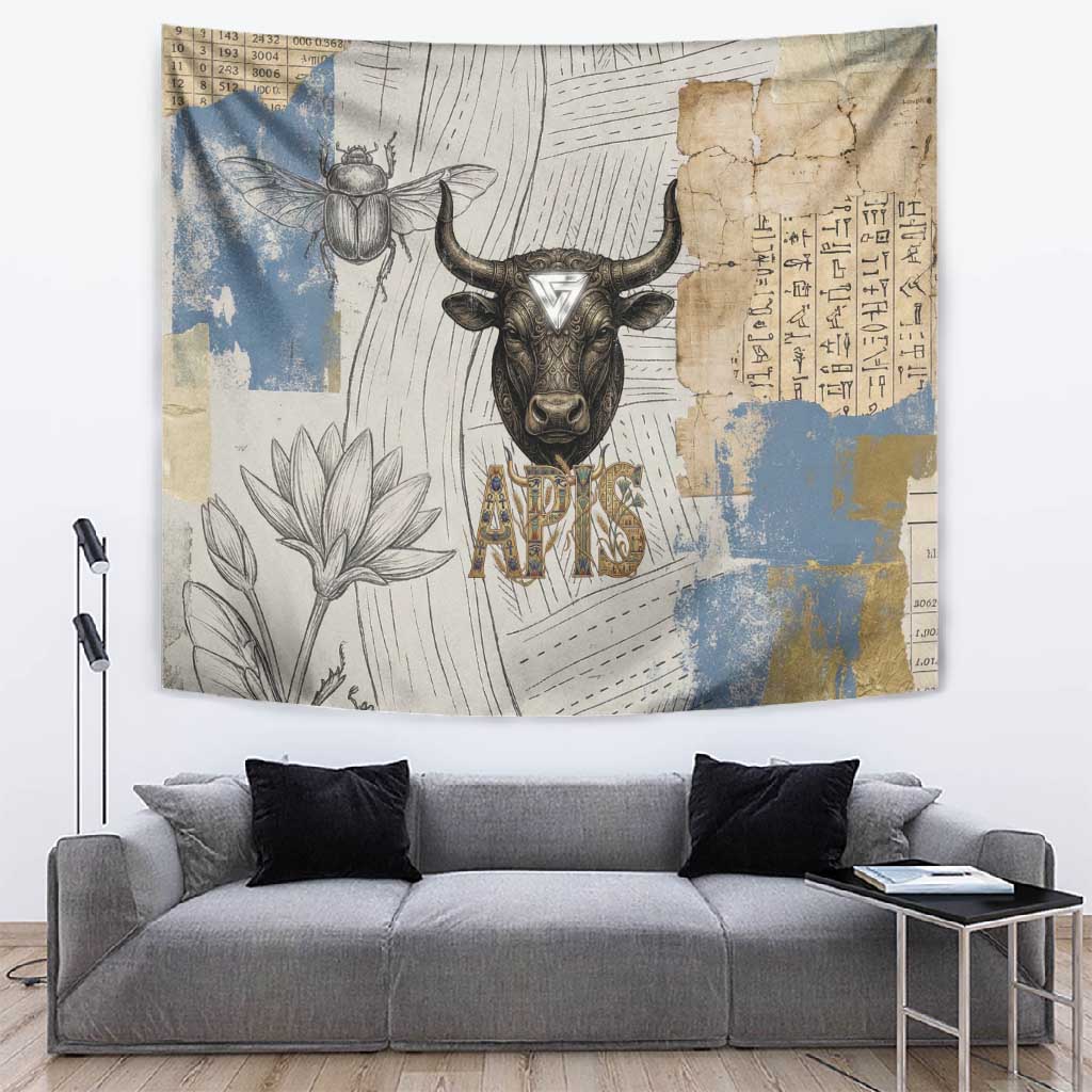 Apis Ancient Egyptian Tapestry with Beige-Gray Hieroglyphic, Ornate Bull Head, and Gold-Blue Typography - African Pride
