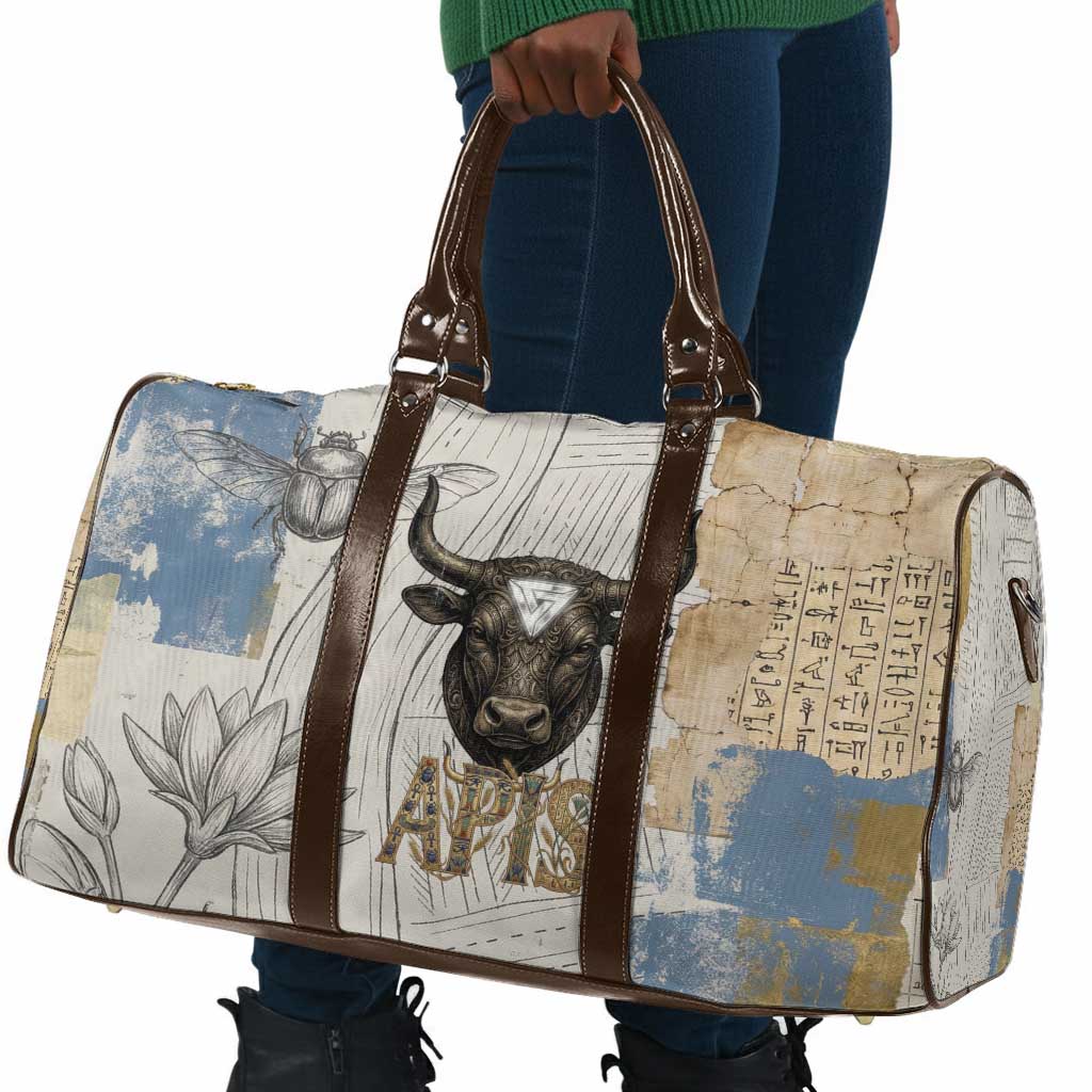 Apis Ancient Egyptian Travel Bag with Beige-Gray Hieroglyphic, Ornate Bull Head, and Gold-Blue Typography - African Pride