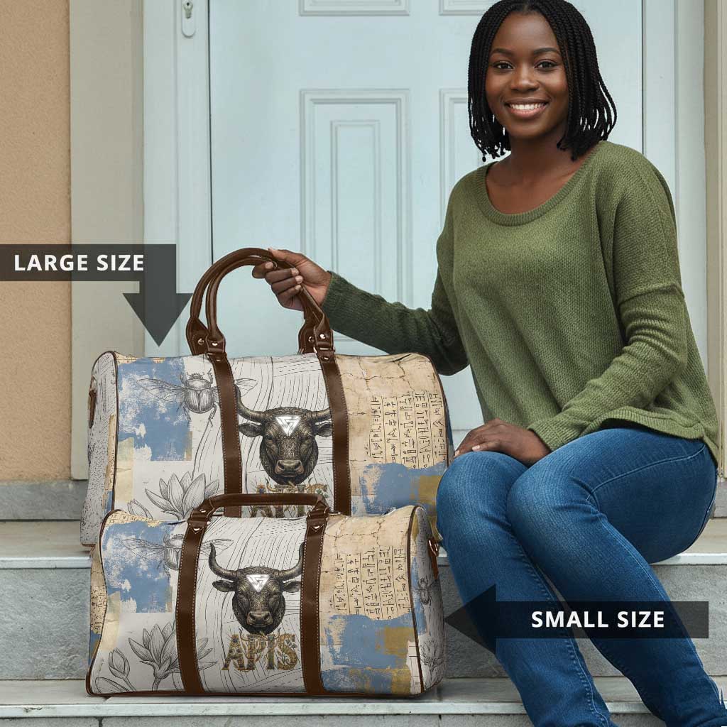 Apis Ancient Egyptian Travel Bag with Beige-Gray Hieroglyphic, Ornate Bull Head, and Gold-Blue Typography - African Pride
