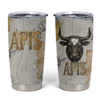 Apis Ancient Egyptian Tumbler Cup with Beige-Gray Hieroglyphic, Ornate Bull Head, and Gold-Blue Typography - African Pride