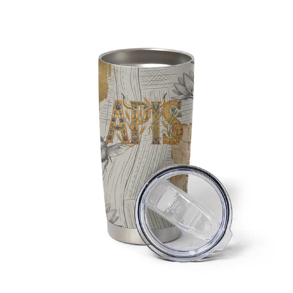 Apis Ancient Egyptian Tumbler Cup with Beige-Gray Hieroglyphic, Ornate Bull Head, and Gold-Blue Typography - African Pride