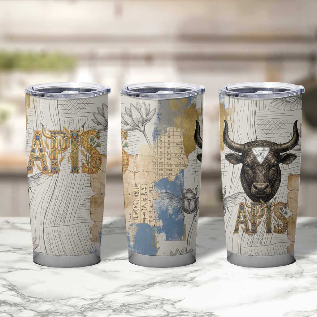 Apis Ancient Egyptian Tumbler Cup with Beige-Gray Hieroglyphic, Ornate Bull Head, and Gold-Blue Typography - African Pride