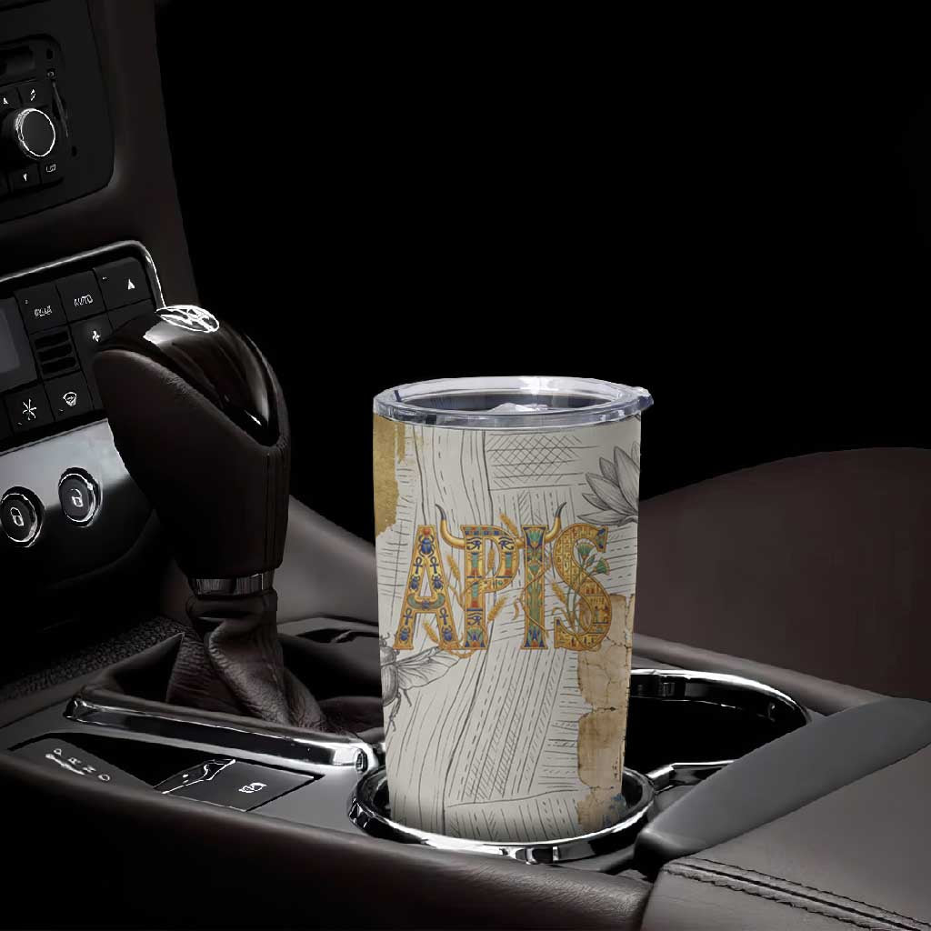 Apis Ancient Egyptian Tumbler Cup with Beige-Gray Hieroglyphic, Ornate Bull Head, and Gold-Blue Typography - African Pride