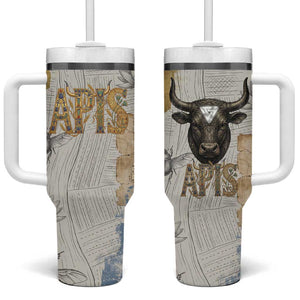 Apis Ancient Egyptian Tumbler With Handle with Beige-Gray Hieroglyphic, Ornate Bull Head, and Gold-Blue Typography - African Pride