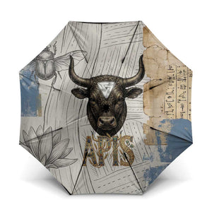 Apis Ancient Egyptian Umbrella with Beige-Gray Hieroglyphic, Ornate Bull Head, and Gold-Blue Typography - African Pride
