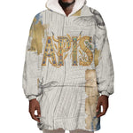 Apis Ancient Egyptian Wearable Blanket Hoodie with Beige-Gray Hieroglyphic, Ornate Bull Head, and Gold-Blue Typography - African Pride