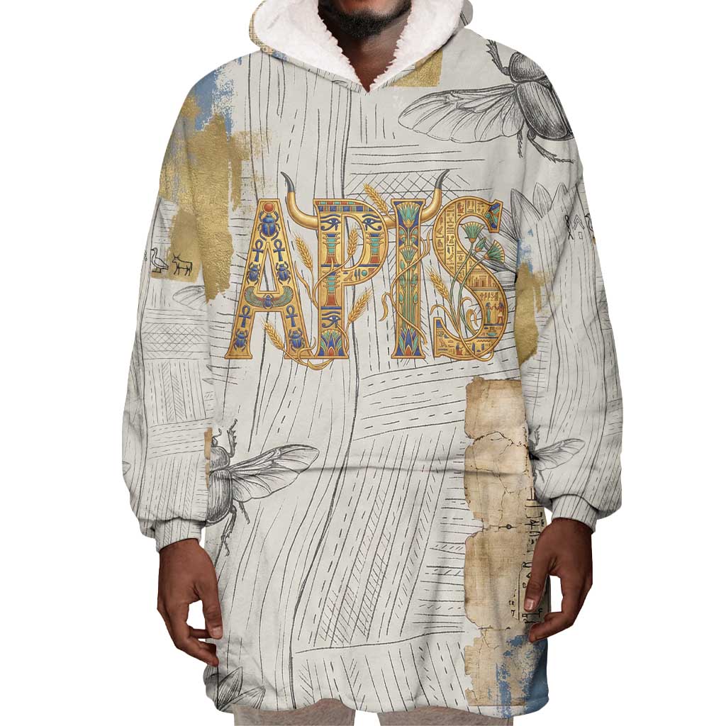 Apis Ancient Egyptian Wearable Blanket Hoodie with Beige-Gray Hieroglyphic, Ornate Bull Head, and Gold-Blue Typography - African Pride