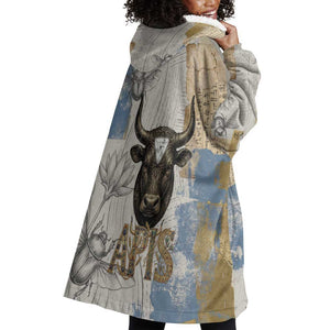 Apis Ancient Egyptian Wearable Blanket Hoodie with Beige-Gray Hieroglyphic, Ornate Bull Head, and Gold-Blue Typography - African Pride