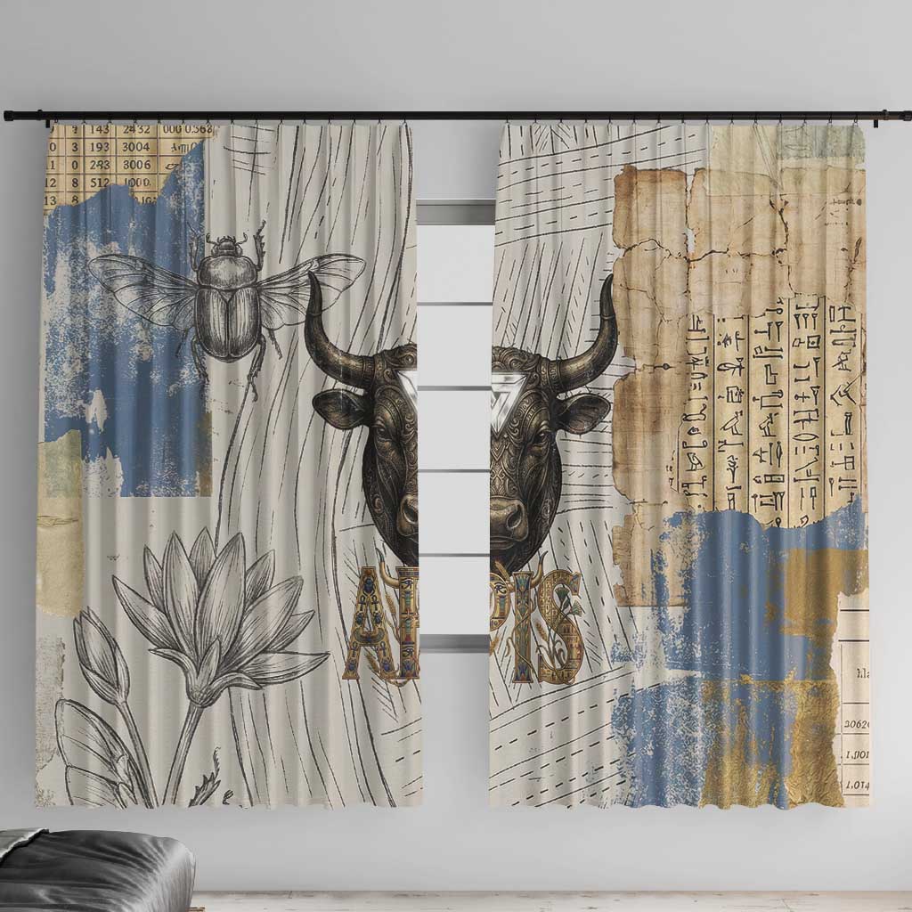 Apis Ancient Egyptian Window Curtain with Beige-Gray Hieroglyphic, Ornate Bull Head, and Gold-Blue Typography - African Pride