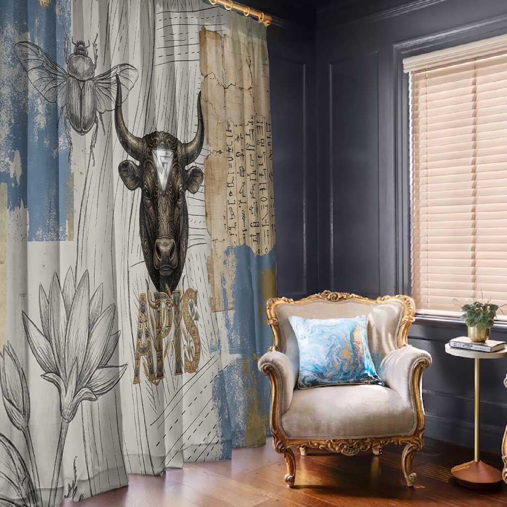 Apis Ancient Egyptian Window Curtain with Beige-Gray Hieroglyphic, Ornate Bull Head, and Gold-Blue Typography - African Pride