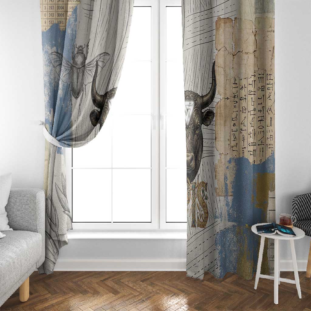 Apis Ancient Egyptian Window Curtain with Beige-Gray Hieroglyphic, Ornate Bull Head, and Gold-Blue Typography - African Pride