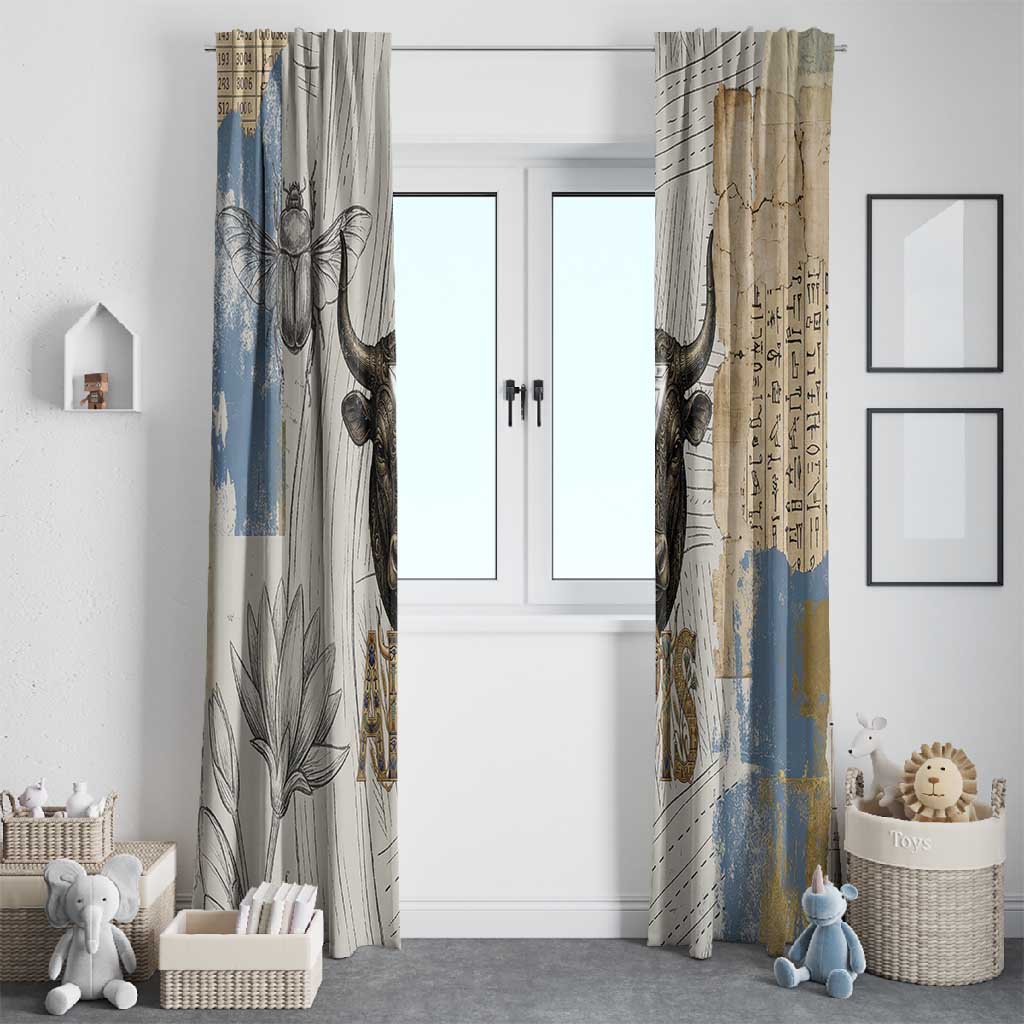 Apis Ancient Egyptian Window Curtain with Beige-Gray Hieroglyphic, Ornate Bull Head, and Gold-Blue Typography - African Pride