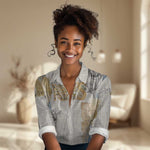 Apis Ancient Egyptian Women Casual Shirt with Beige-Gray Hieroglyphic, Ornate Bull Head, and Gold-Blue Typography - African Pride