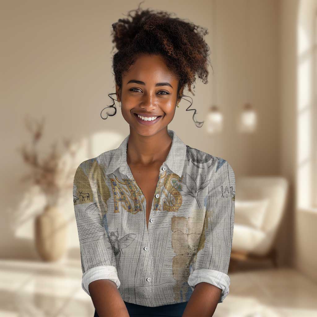 Apis Ancient Egyptian Women Casual Shirt with Beige-Gray Hieroglyphic, Ornate Bull Head, and Gold-Blue Typography - African Pride