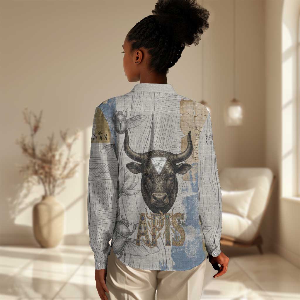 Apis Ancient Egyptian Women Casual Shirt with Beige-Gray Hieroglyphic, Ornate Bull Head, and Gold-Blue Typography - African Pride
