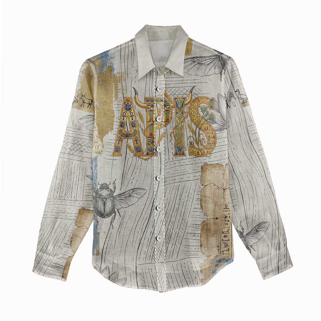Apis Ancient Egyptian Women Casual Shirt with Beige-Gray Hieroglyphic, Ornate Bull Head, and Gold-Blue Typography - African Pride