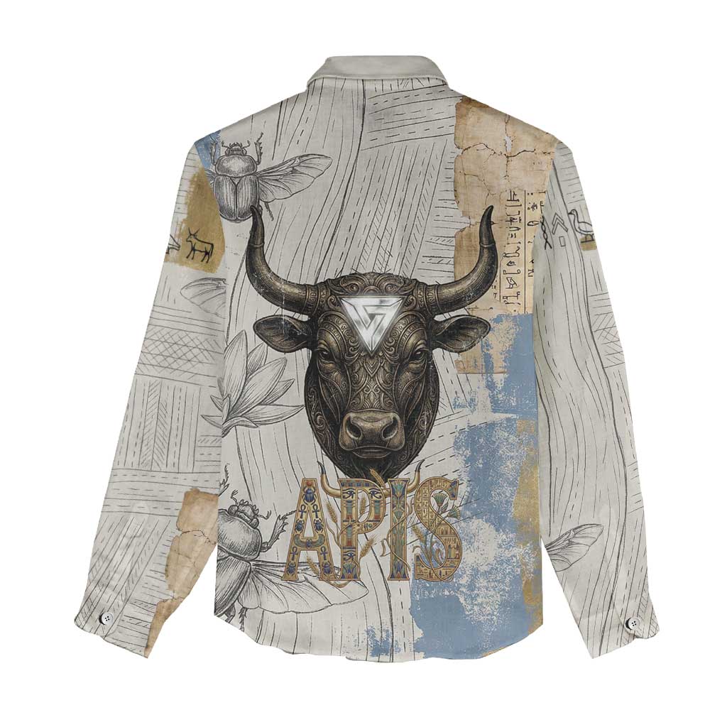 Apis Ancient Egyptian Women Casual Shirt with Beige-Gray Hieroglyphic, Ornate Bull Head, and Gold-Blue Typography - African Pride