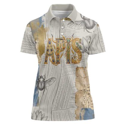Apis Ancient Egyptian Women Polo Shirt with Beige-Gray Hieroglyphic, Ornate Bull Head, and Gold-Blue Typography - African Pride